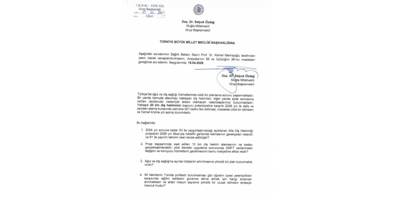 Selçuk Özdağ, Diş Hekimlerinin Atama Krizi Hakkında Önerge Verdi